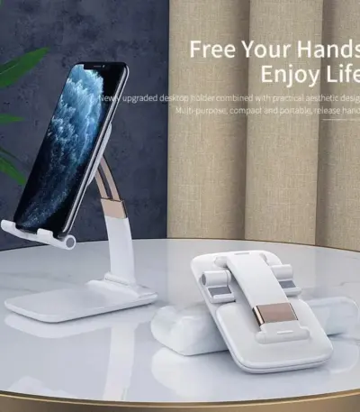 Foldable universal mobile stand holding a smartphone on a desk. - Obeepo.in