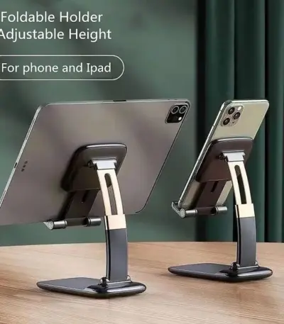 Foldable universal mobile stand holding a smartphone on a desk. - Obeepo.in