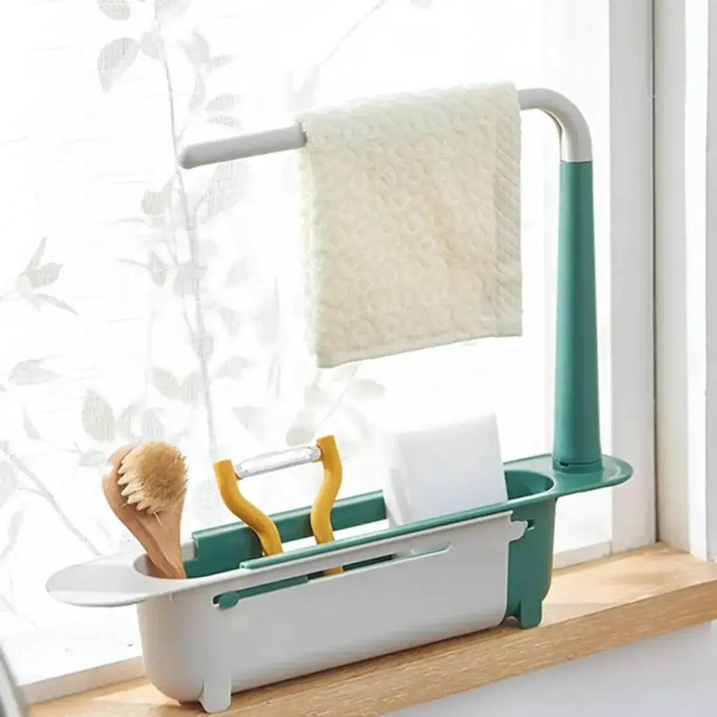 Telescopic 2-in-1 Kitchen Sink Storage Rack Holder for organized cleaning supplies - obeepo.in