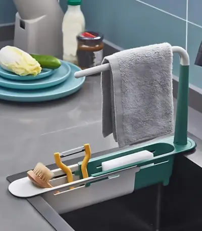 Telescopic 2-in-1 Kitchen Sink Storage Rack Holder for organized cleaning supplies - obeepo.in
