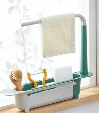 Telescopic 2-in-1 Kitchen Sink Storage Rack Holder for organized cleaning supplies - obeepo.in